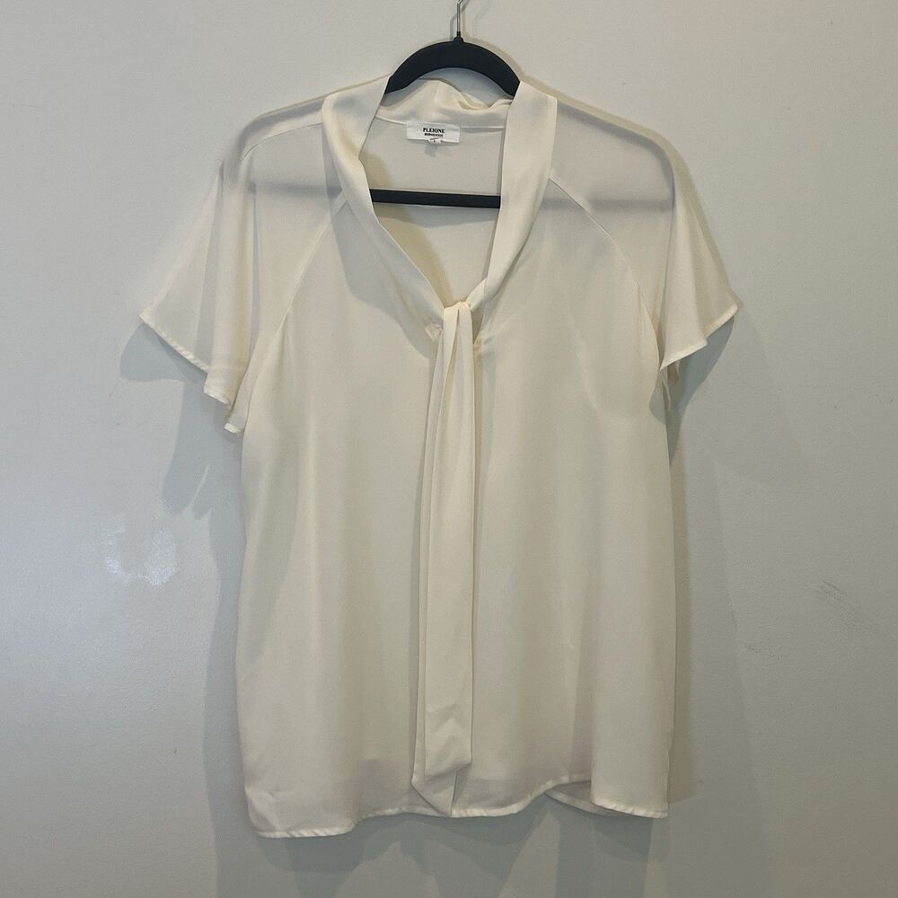 Pleione Blouse Ivory Tie Flutter Sleeve Chiffon Sheer Lightweight L